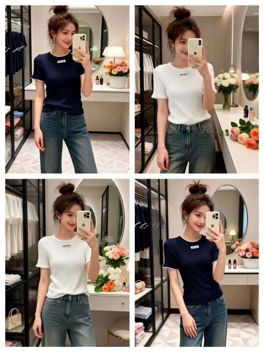 🆕M家🆕 春夏新款 撞色简约圆领针织短袖颜色：白色 宝蓝尺码：36.38.40