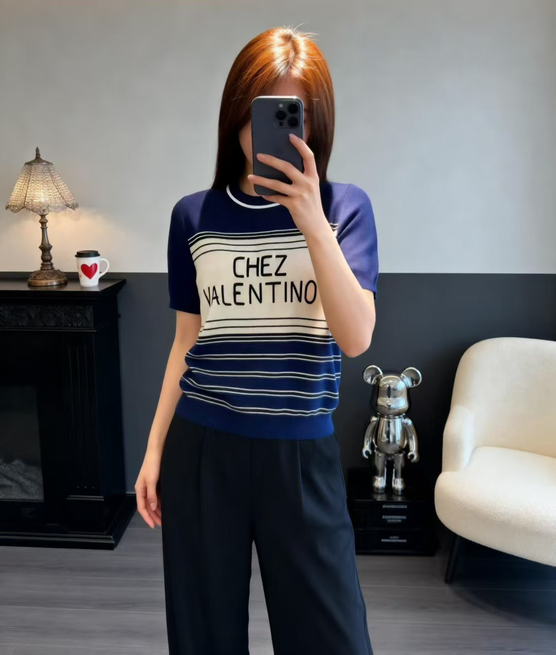 🆕VA家🆕 春夏新款 撞色字母条纹圆领针织短袖颜色：宝蓝尺码：36.38.40