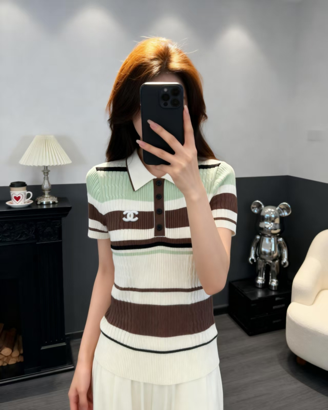 🆕CH家🆕 春夏新款 撞色条纹翻领针织短袖颜色：白色 卡其尺码：36.38.40