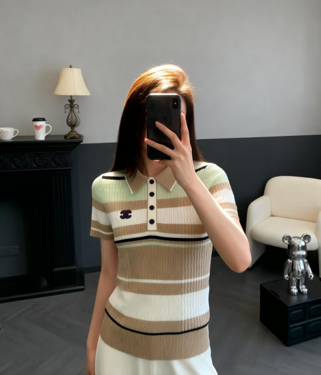 🆕CH家🆕 春夏新款 撞色条纹翻领针织短袖颜色：白色 卡其尺码：36.38.40