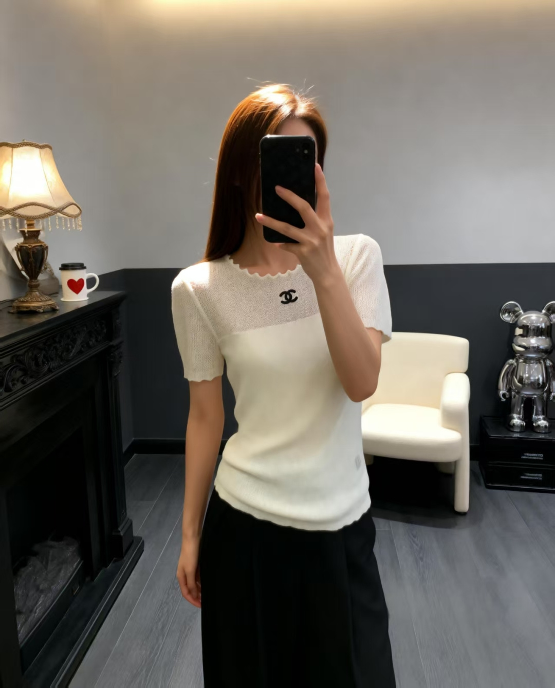 🆕CH家🆕 春夏新款 撞色简约镂空圆领针织短袖颜色：白色 黑色尺码：36.38.40