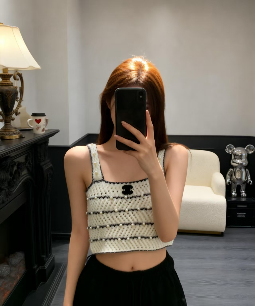 🆕CH家🆕 春夏新款 撞色条纹钉珠镂空针织吊带颜色：白色尺码：36.38.40