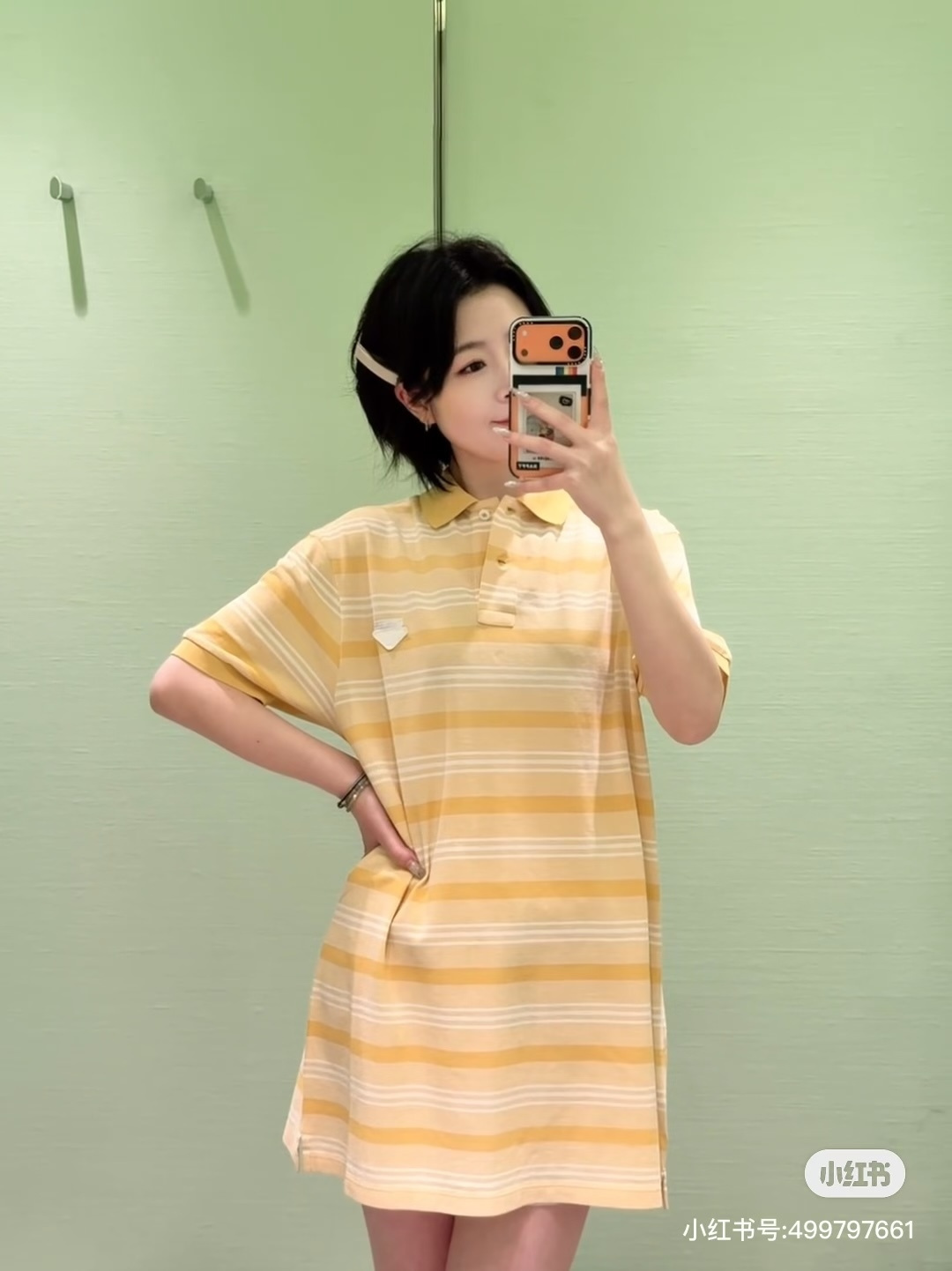 🆕P家🆕 春夏新款 撞色条纹翻领针织短袖裙颜色：黄色尺码：36.38.40