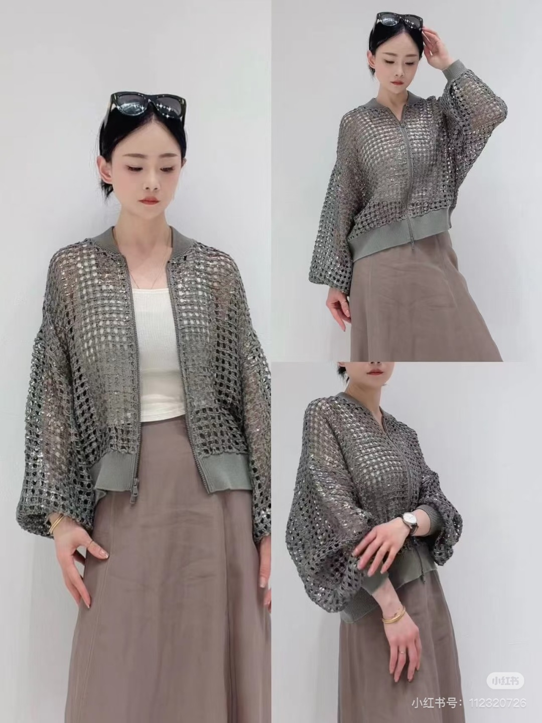 🆕BC家🆕 春夏新款 纯色珠片镂空圆领针织长袖开衫颜色：绿色 宝蓝尺码：36.38.40