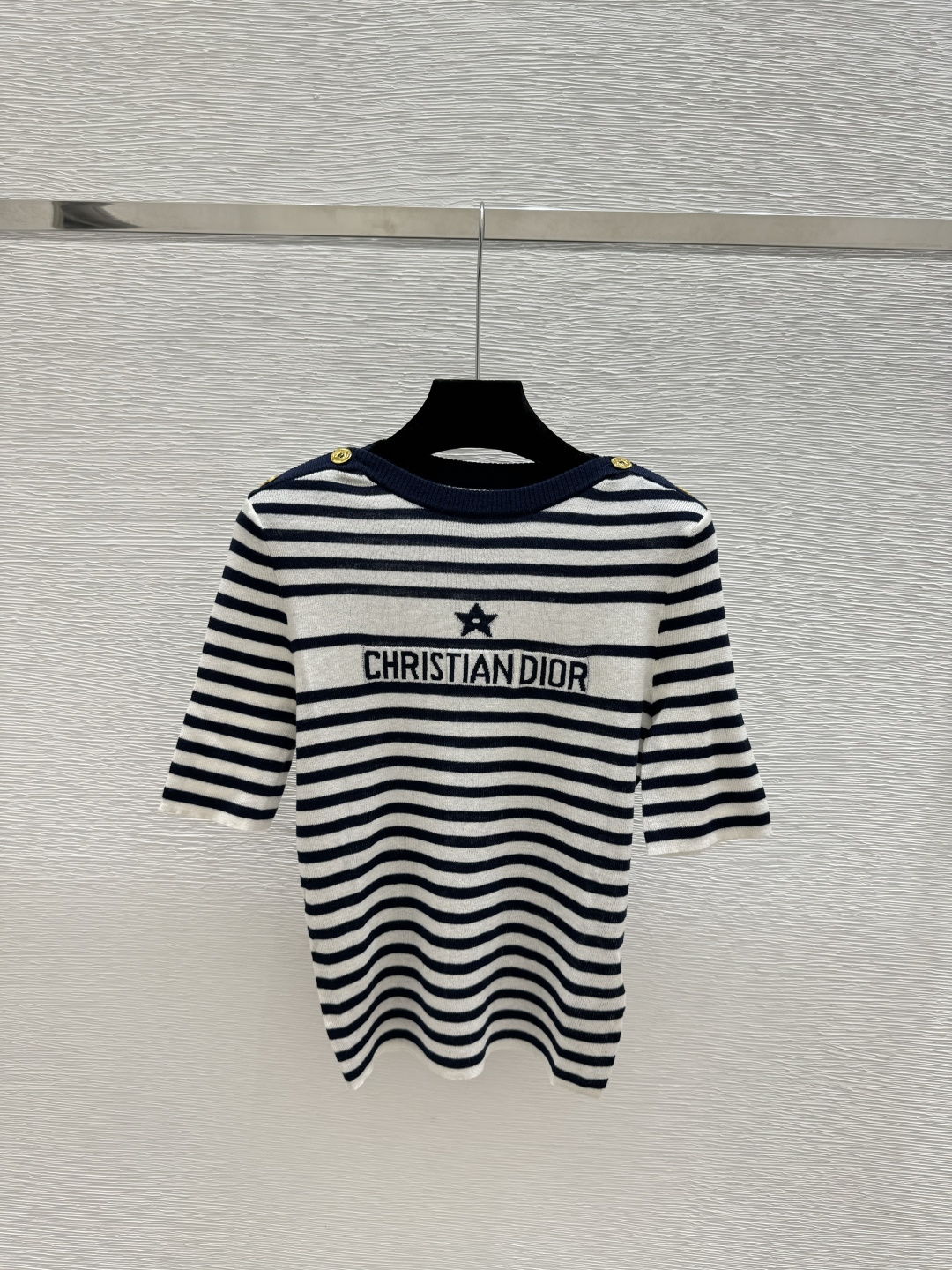 🆕D家🆕 春夏新款 撞色五角星字母条纹圆领针织短袖颜色：宝蓝尺码：36.38.40