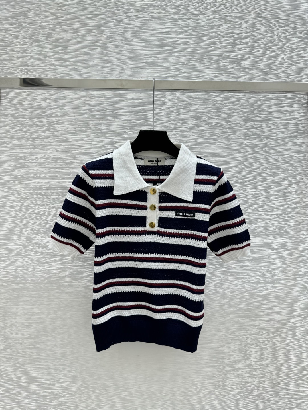 🆕M家🆕 春夏新款 撞色条纹翻领针织短袖颜色：宝蓝尺码：36.38.40