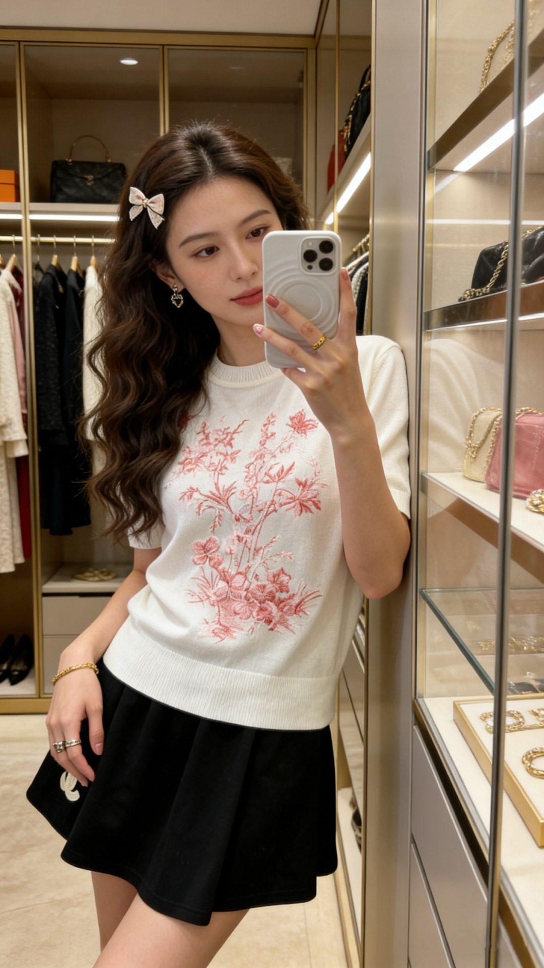 🆕D家🆕 春夏新款 撞色花卉圆领针织短袖颜色：白色尺码：36.38.40