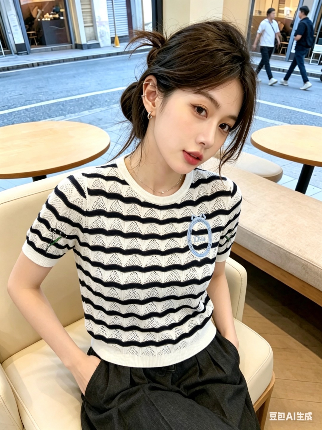 🆕D家🆕 春夏新款 撞色条纹镂空圆领针织短袖颜色：白色 宝蓝尺码：36.38.40