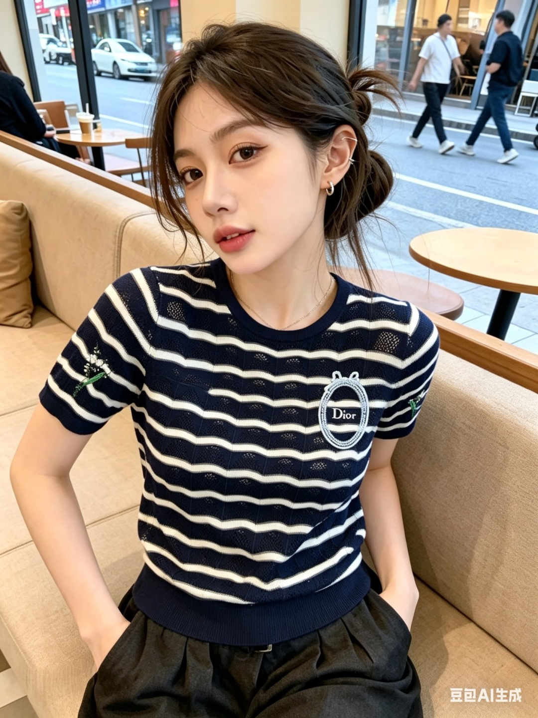 🆕D家🆕 春夏新款 撞色条纹镂空圆领针织短袖颜色：白色 宝蓝尺码：36.38.40