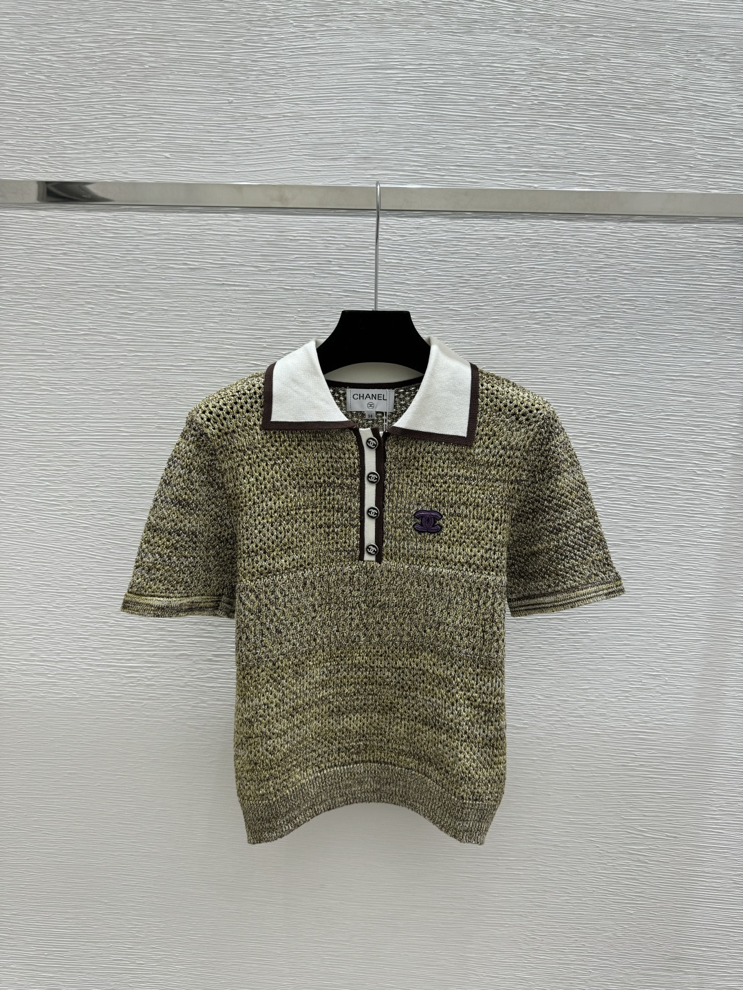 🆕CH家🆕 春夏新款 撞色翻领镂空针织短袖颜色：绿色尺码：36.38.40