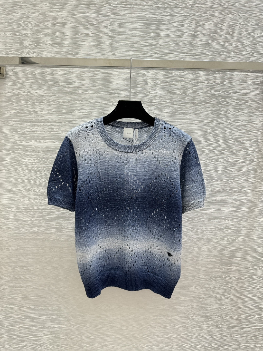 🆕D家🆕 春夏新款 撞色条纹菱格镂空圆领针织短袖颜色：粉色 蓝色 宝蓝尺码：36.38.40