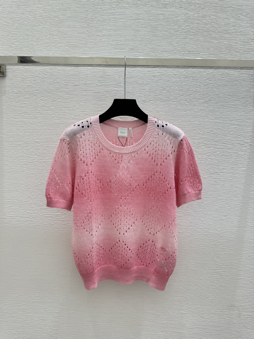 🆕D家🆕 春夏新款 撞色条纹菱格镂空圆领针织短袖颜色：粉色 蓝色 宝蓝尺码：36.38.40