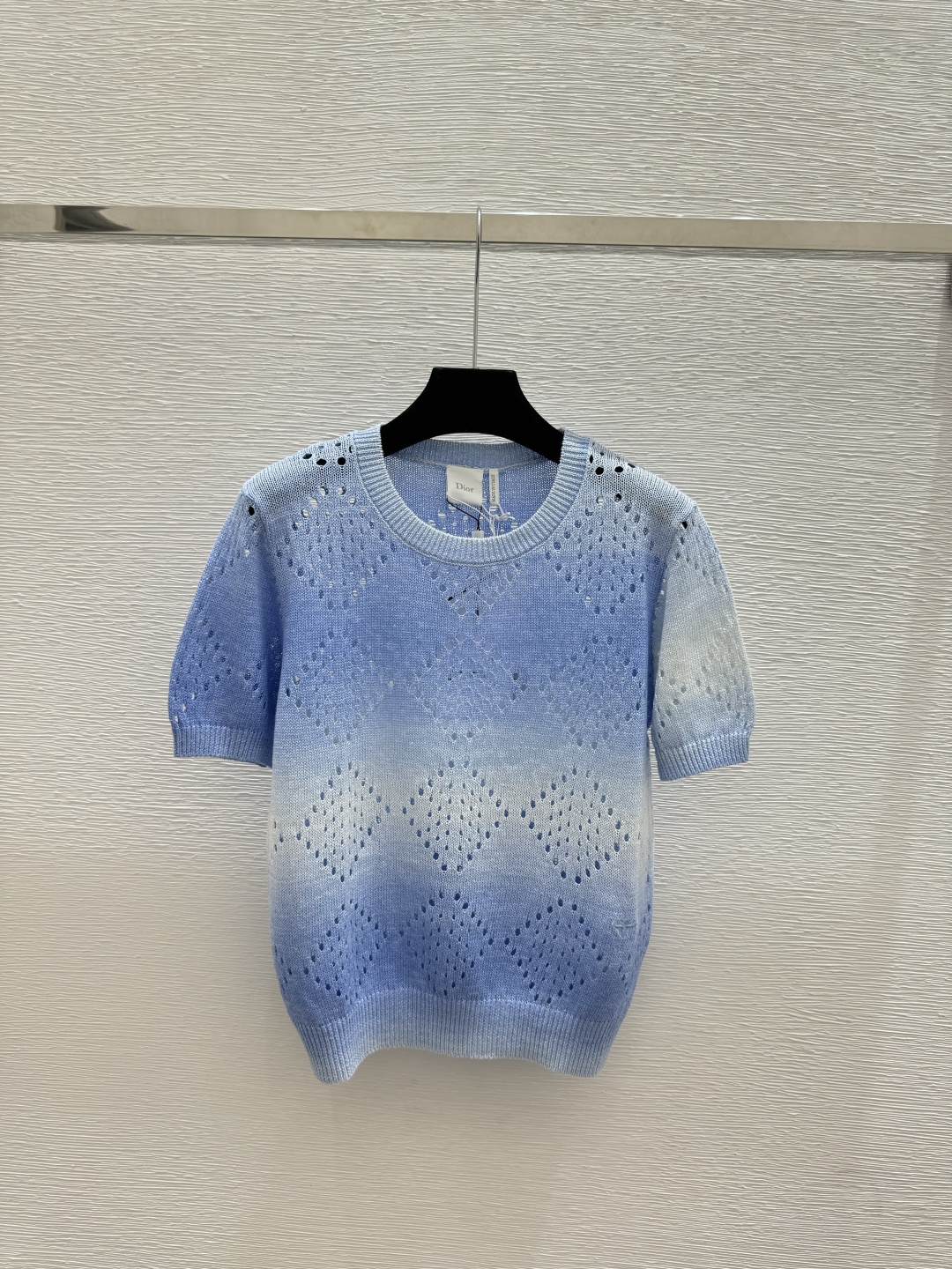 🆕D家🆕 春夏新款 撞色条纹菱格镂空圆领针织短袖颜色：粉色 蓝色 宝蓝尺码：36.38.40