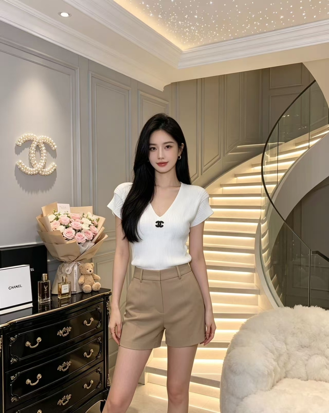 🆕CH家🆕 春夏新款 纯色简约V领针织短袖颜色：白色 粉色 蓝色尺码：36.38.40