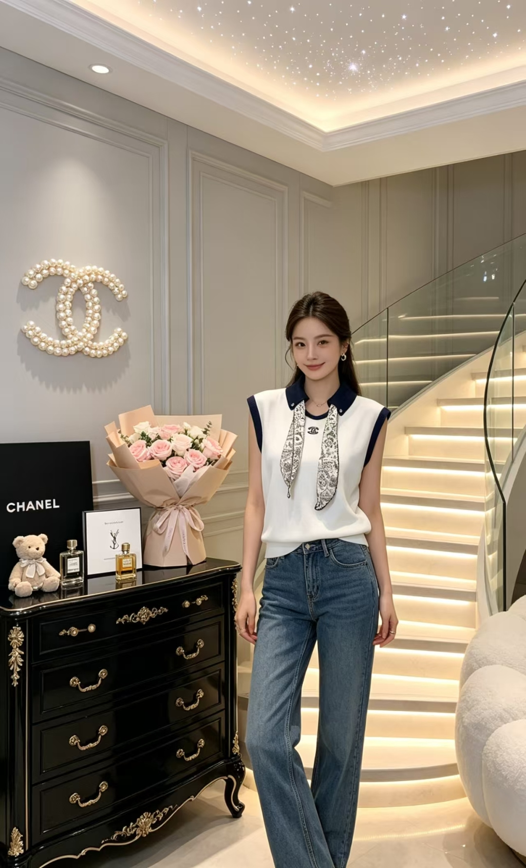 🆕CH家🆕 春夏新款 撞色翻领简约针织背心颜色：白色 灰色 宝蓝尺码：36.38.40