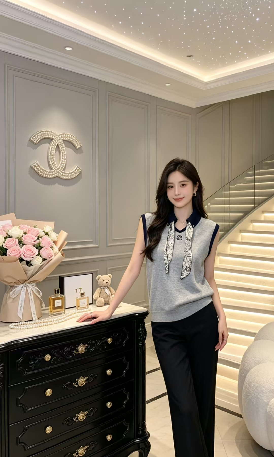 🆕CH家🆕 春夏新款 撞色翻领简约针织背心颜色：白色 灰色 宝蓝尺码：36.38.40