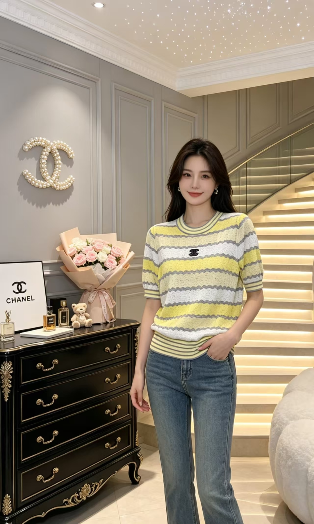 🆕CH家🆕 春夏新款 撞色条纹圆领针织短袖颜色：粉色 黄色尺码：36.38.40