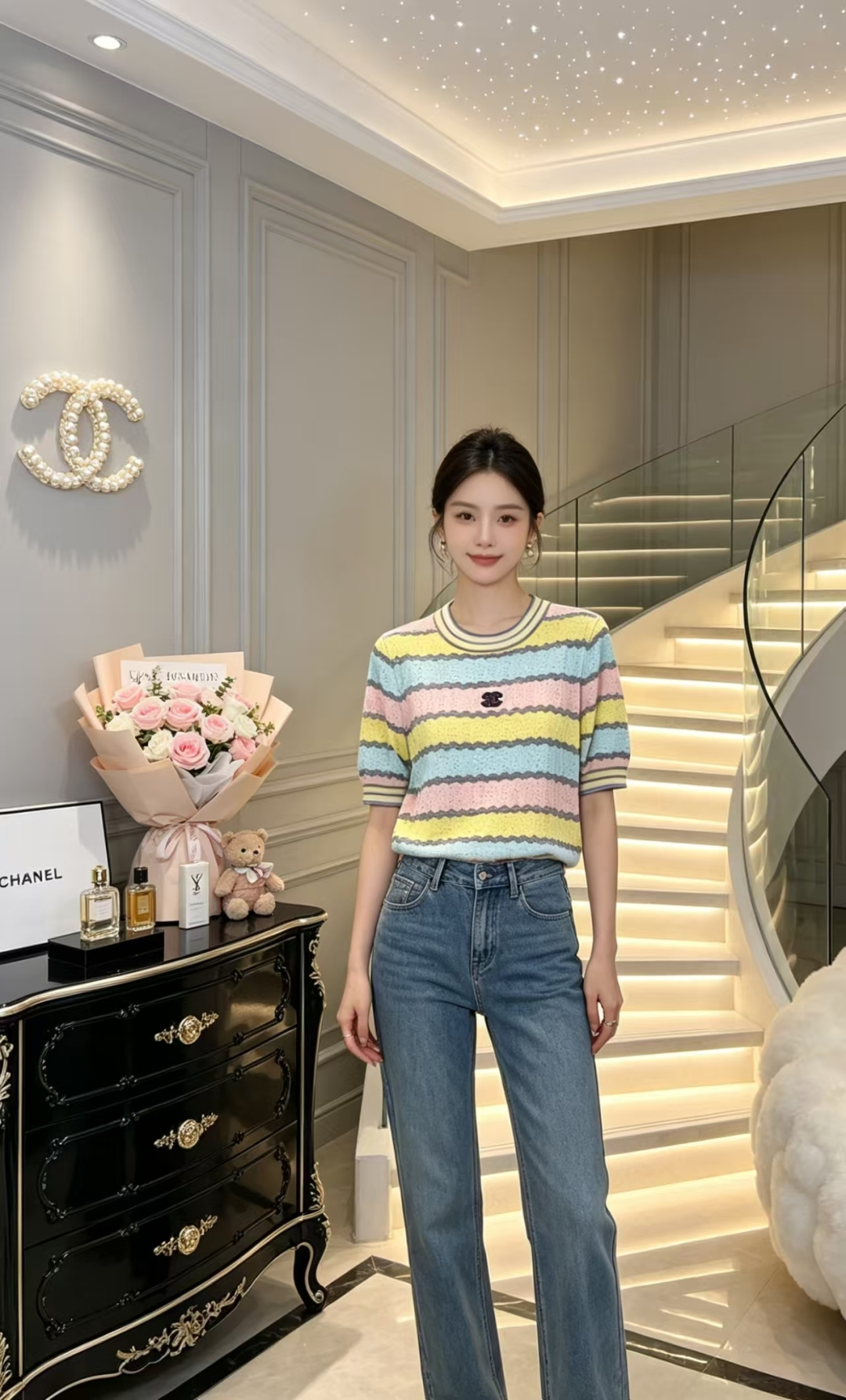 🆕CH家🆕 春夏新款 撞色条纹圆领针织短袖颜色：粉色 黄色尺码：36.38.40