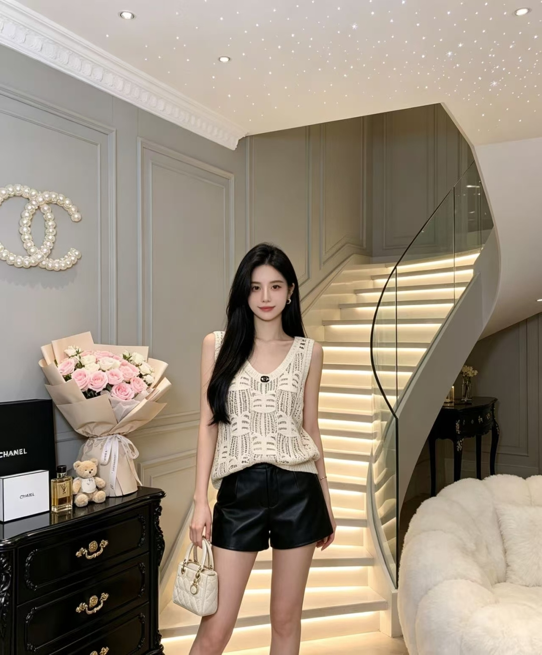 🆕CH家🆕 春夏新款 纯色镂空圆领针织背心颜色：杏色尺码：36.38.40