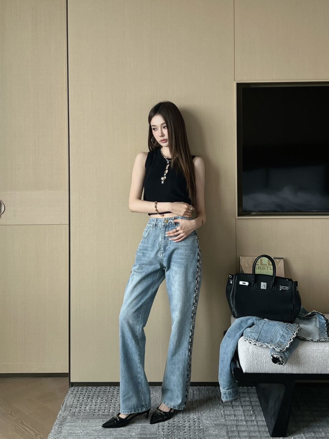 🆕CH家🆕 春夏新款 撞色提花牛仔长裤颜色：蓝色尺码：36.38.40