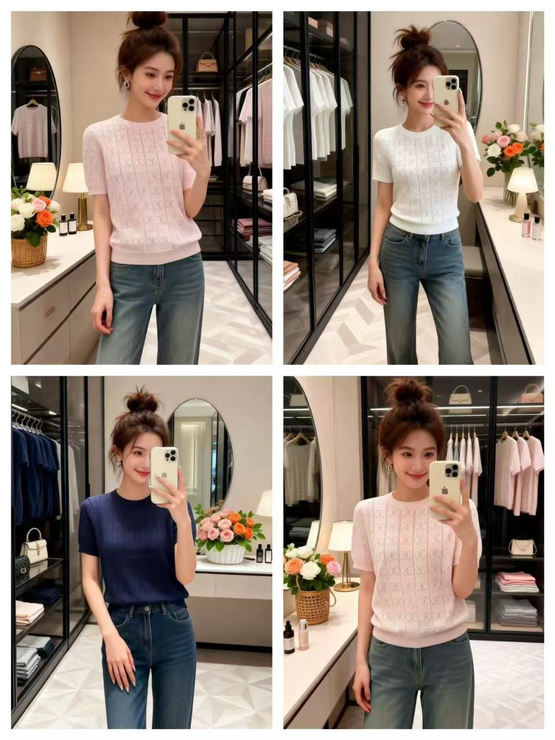 🆕CH家🆕 春夏新款 纯色镂空圆领针织短袖颜色：白色 粉色 宝蓝尺码：36.38.40