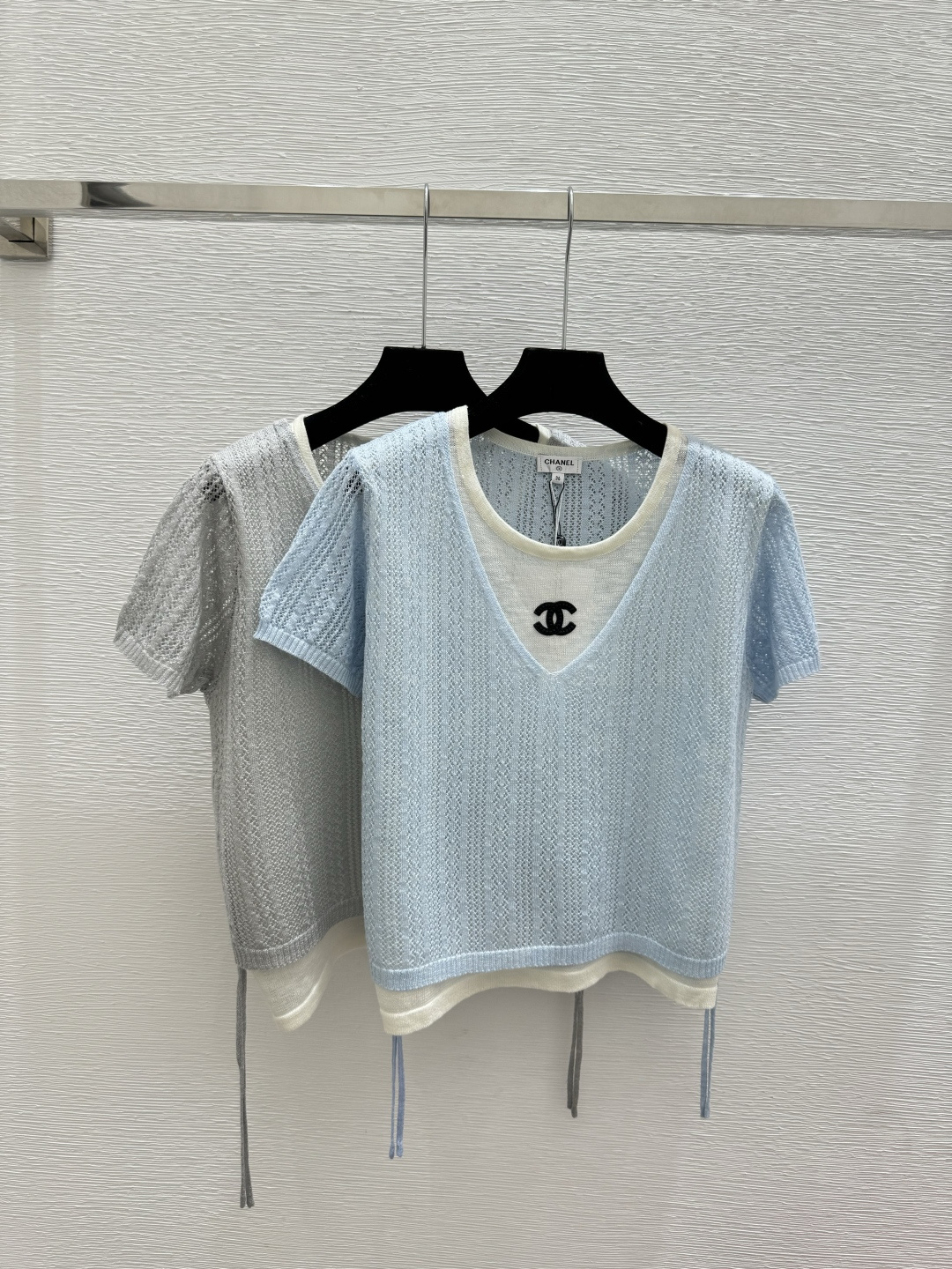 🆕CH家🆕 春夏新款 撞色假两件圆领针织短袖颜色：蓝色 灰色尺码：36.38.40