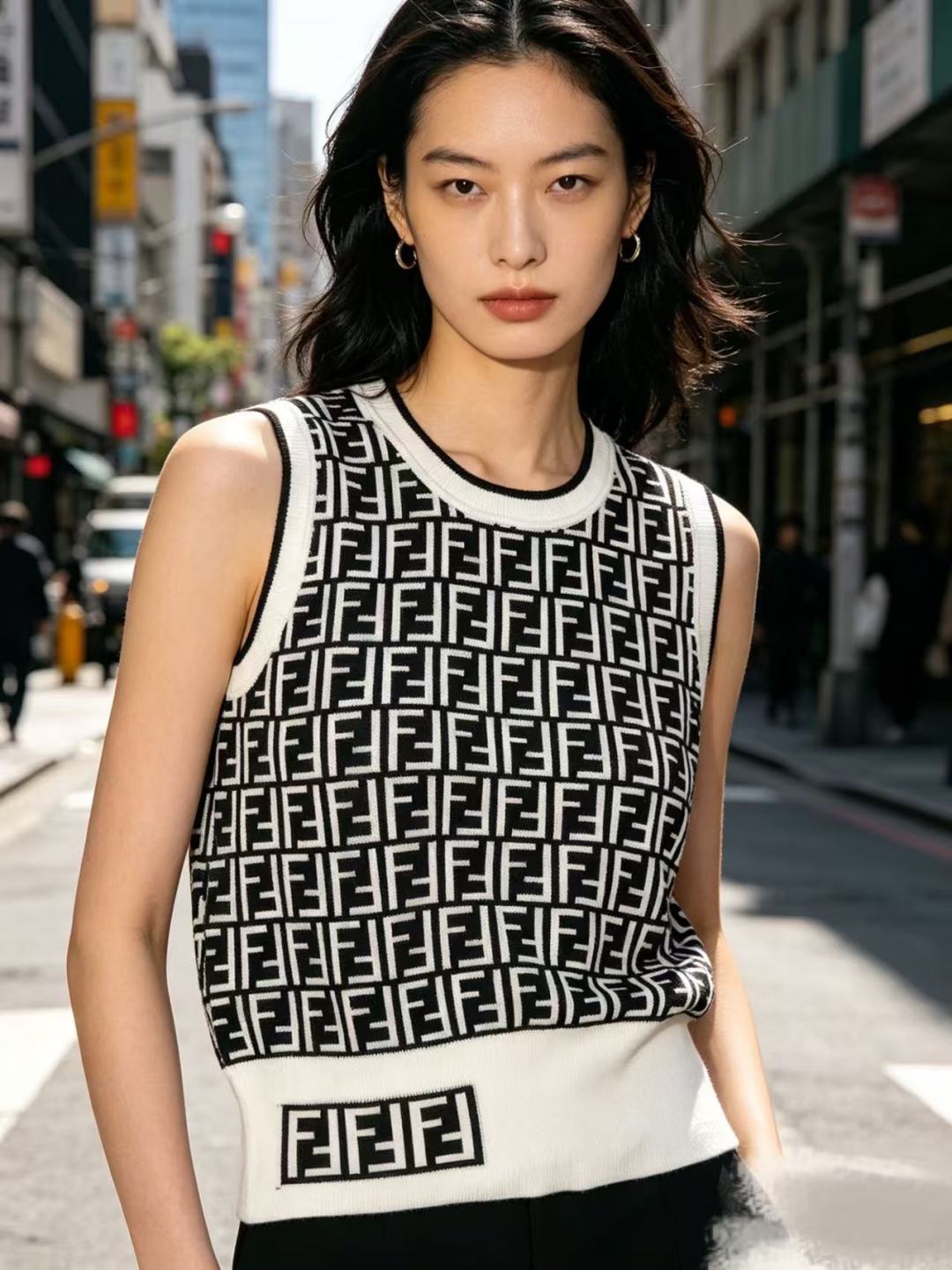 🆕F家🆕 春夏新款 撞色老花字母圆领针织背心颜色：白色 黑色尺码：36.38.40