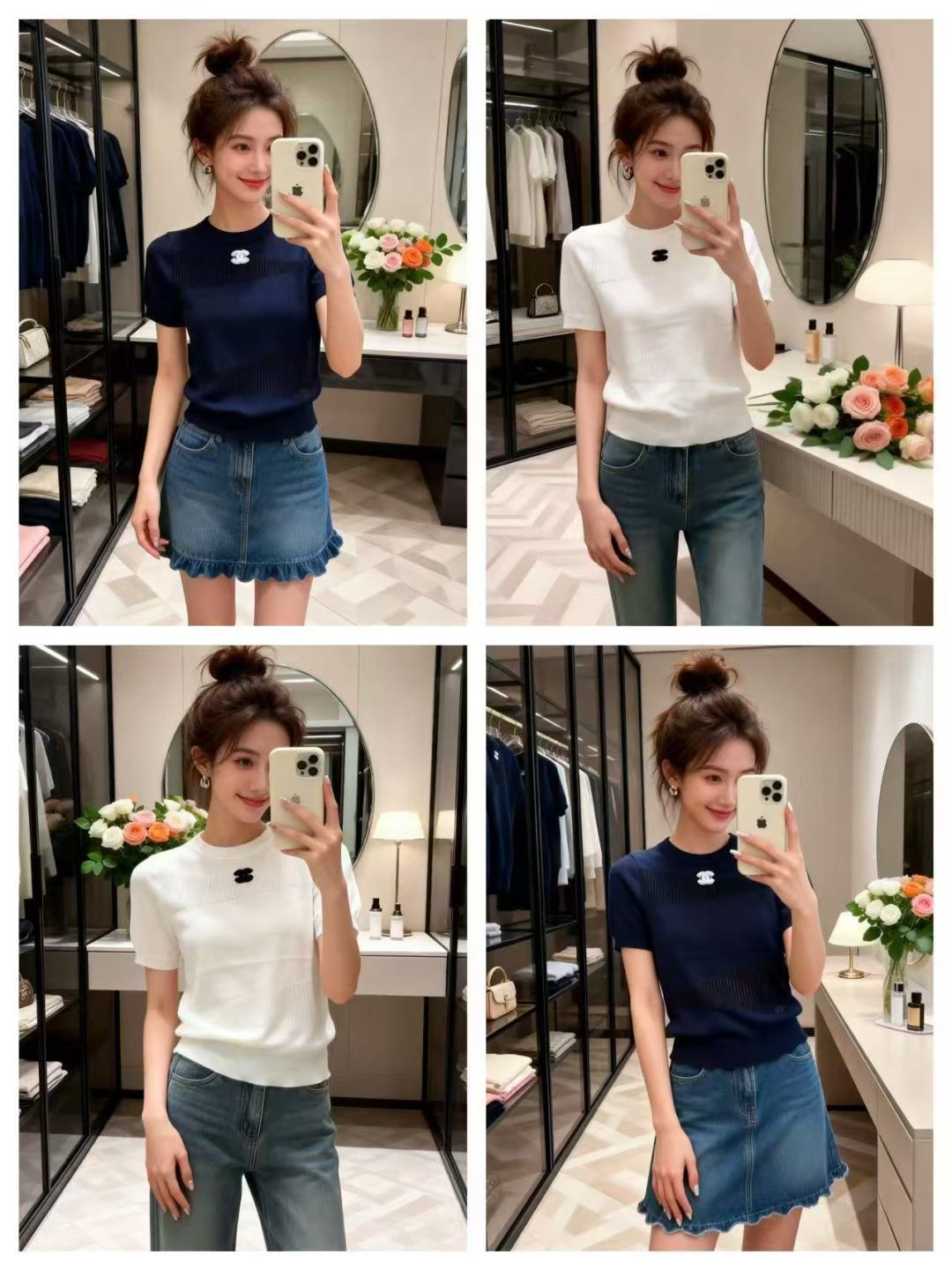 🆕CH家🆕 春夏新款 纯色镂空圆领针织短袖颜色：白色 宝蓝尺码：36.38.40