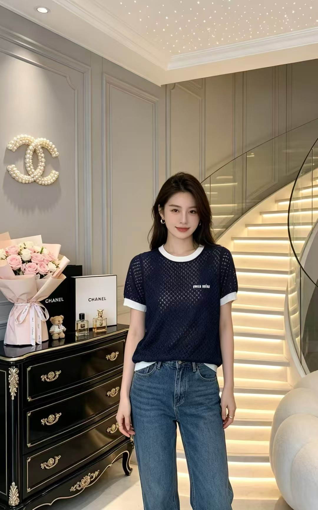 🆕M家🆕 春夏新款 撞色菱格镂空圆领针织短袖颜色：白色 粉色 宝蓝尺码：36.38.40