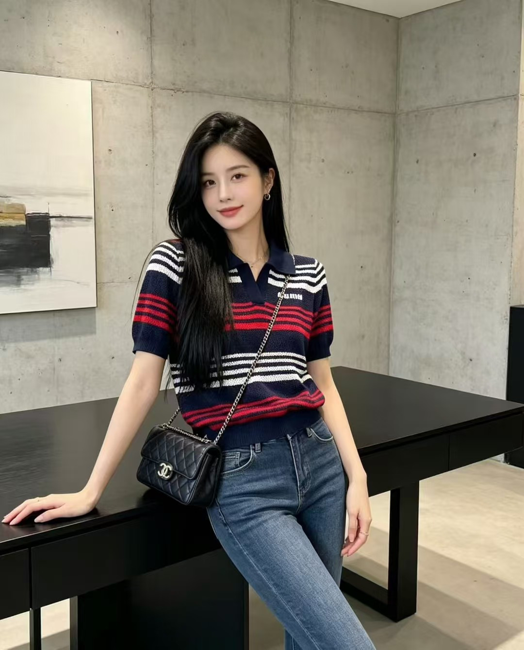 🆕M家🆕 春夏新款 撞色条纹翻领针织短袖颜色：白色 宝蓝尺码：36.38.40