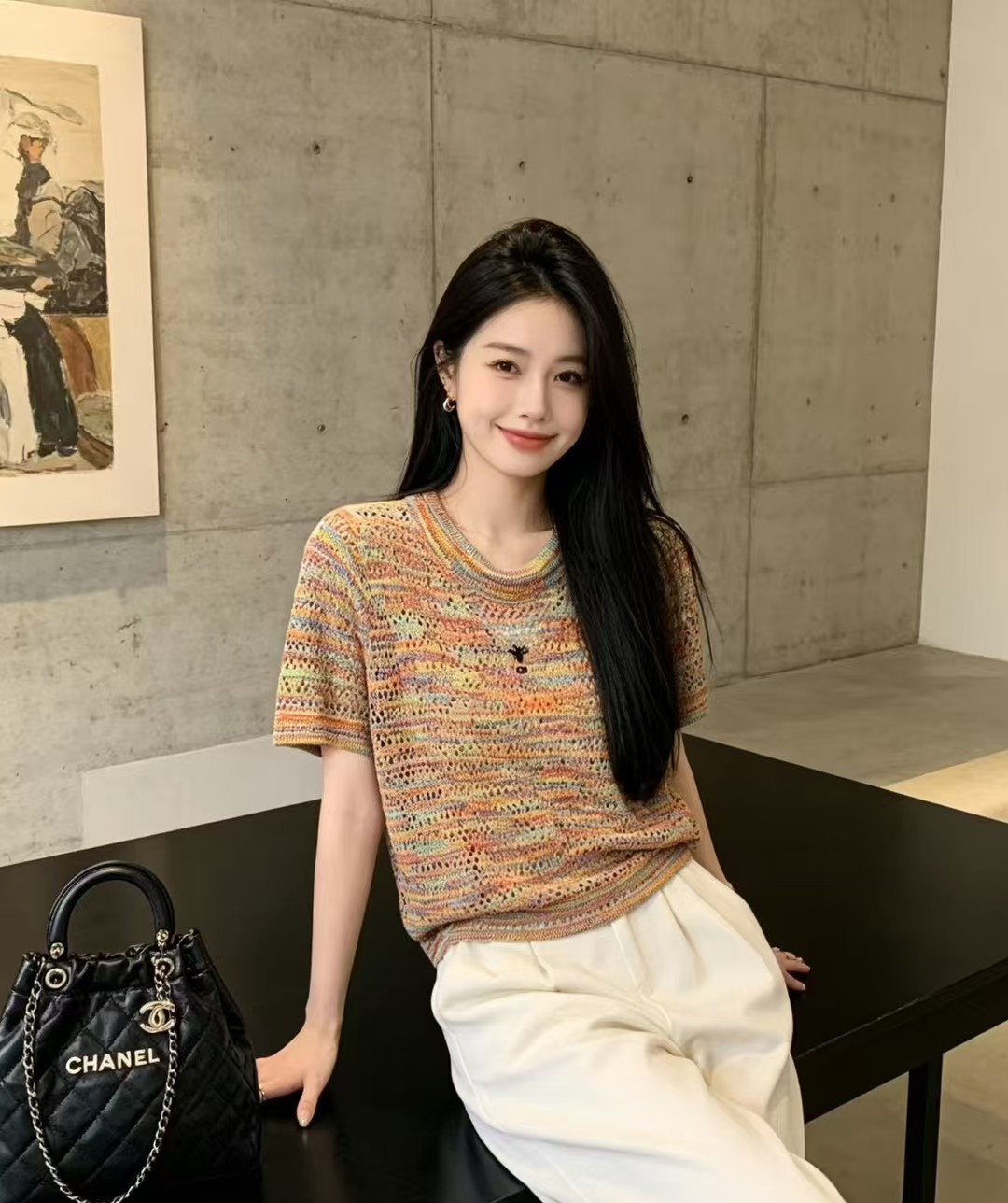 🆕D家🆕 春夏新款 撞色简约镂空圆领针织短袖颜色：黄色 咖啡尺码：36.38.40