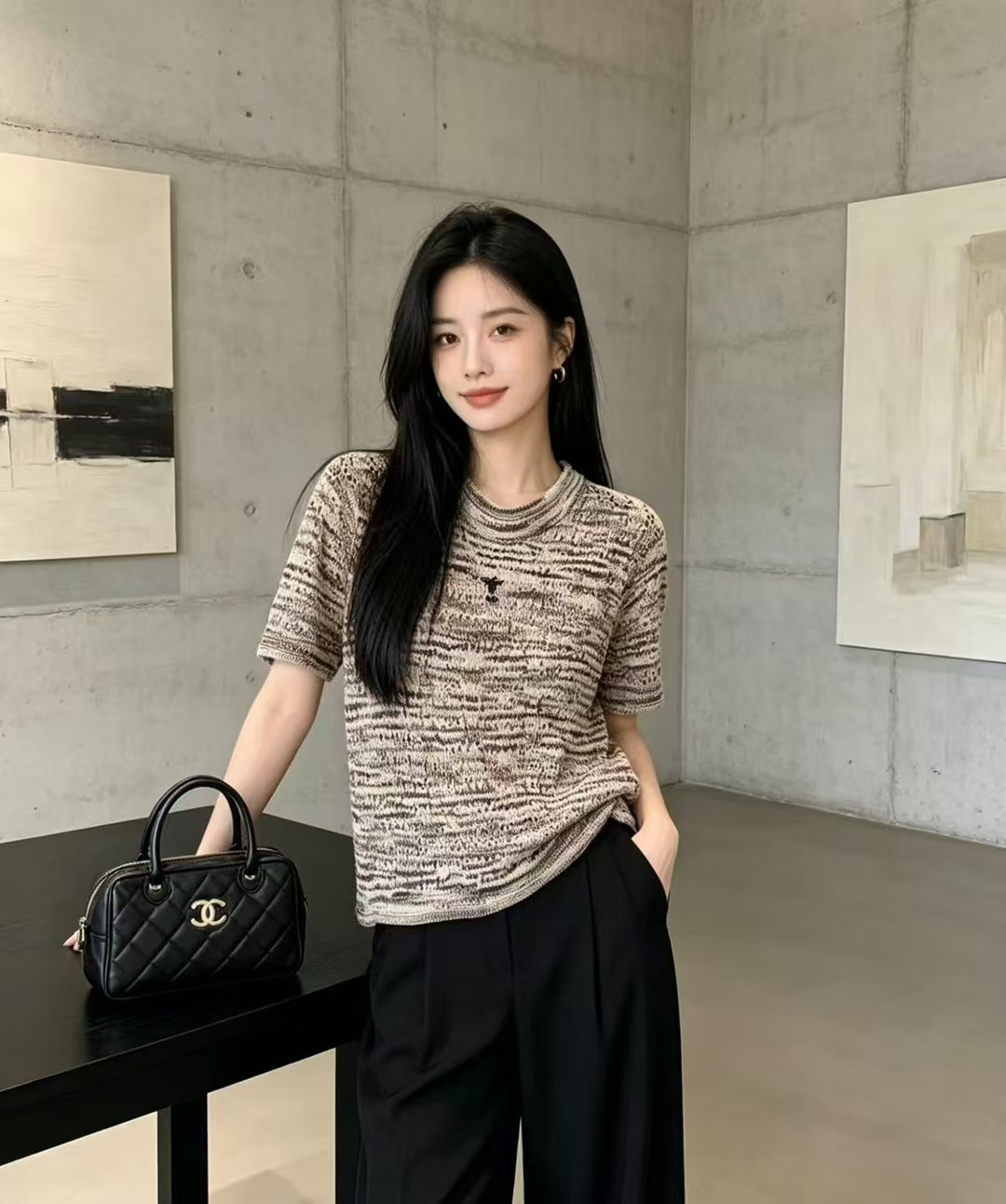 🆕D家🆕 春夏新款 撞色简约镂空圆领针织短袖颜色：黄色 咖啡尺码：36.38.40