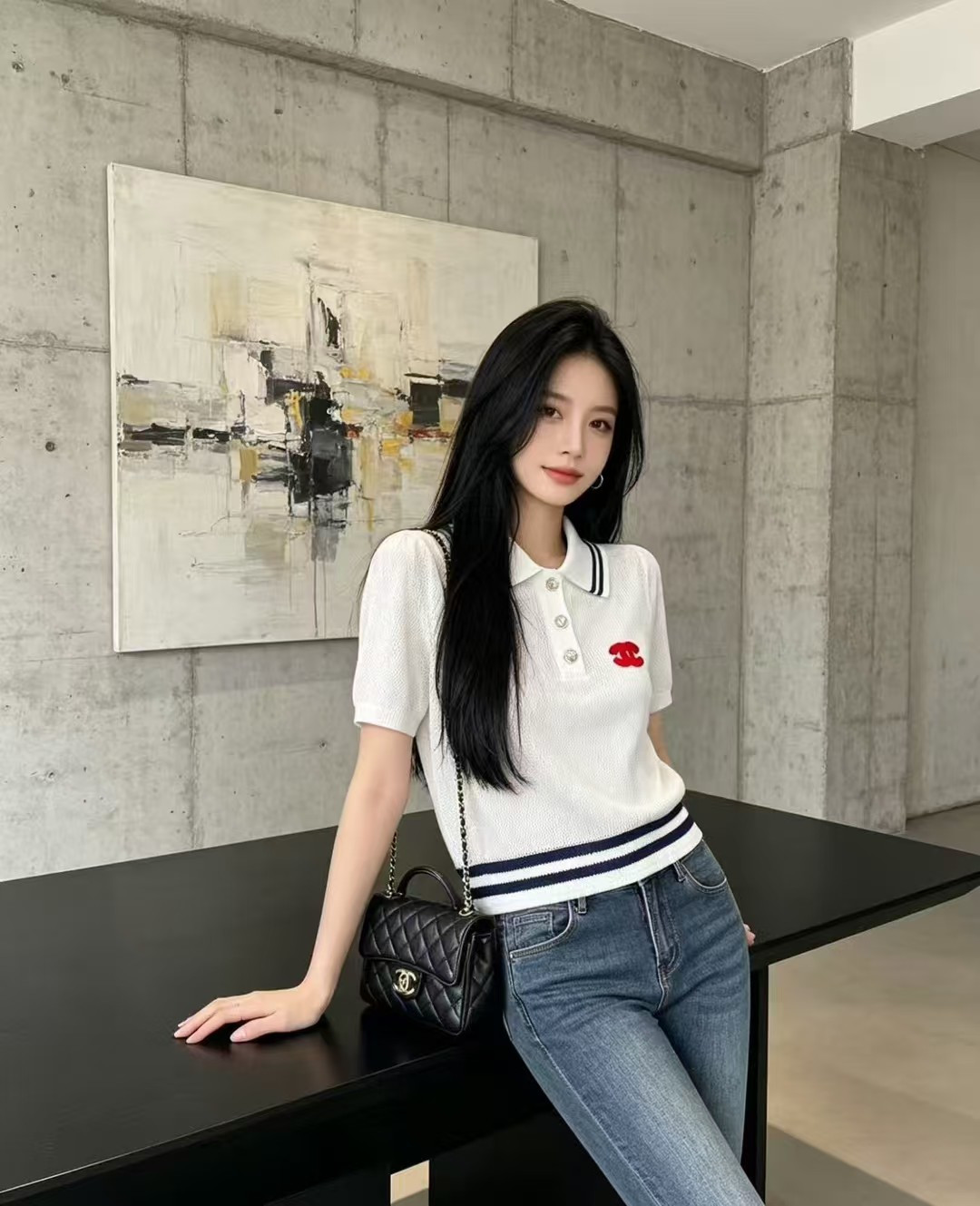 🆕CH家🆕 春夏新款 撞色条纹翻领镂空短袖颜色：白色 宝蓝尺码：36.38.40