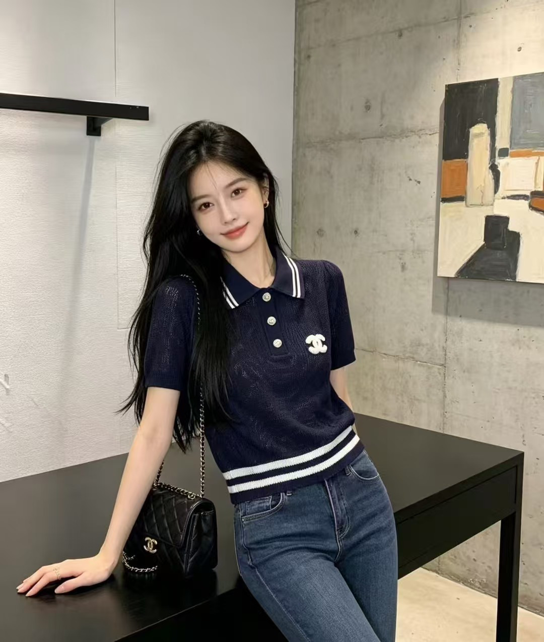 🆕CH家🆕 春夏新款 撞色条纹翻领镂空短袖颜色：白色 宝蓝尺码：36.38.40