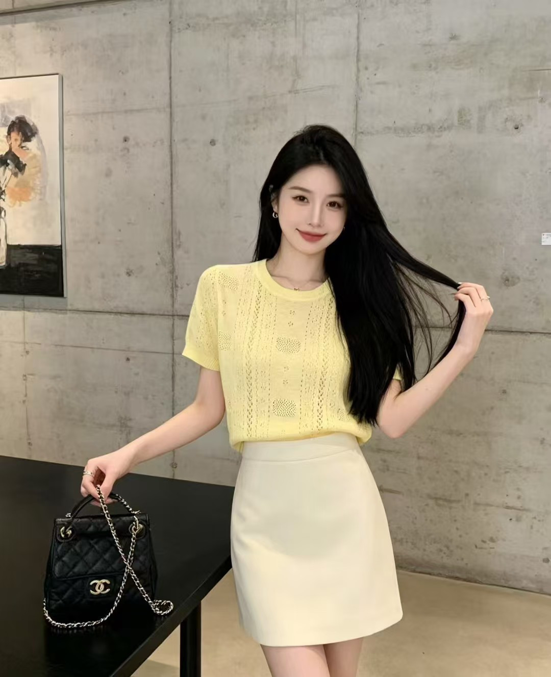 🆕CH家🆕 春夏新款 纯色镂空简约圆领针织短袖颜色：白色 粉色 黄色尺码：36.38.40