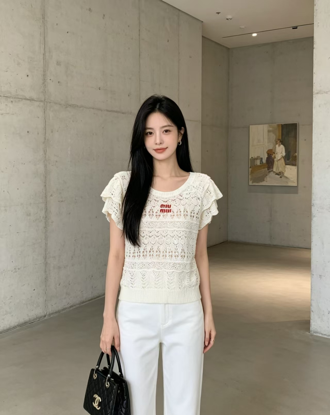 🆕M家🆕 春夏新款 纯色镂空圆领针织短袖颜色：杏色 黑色尺码：36.38.40