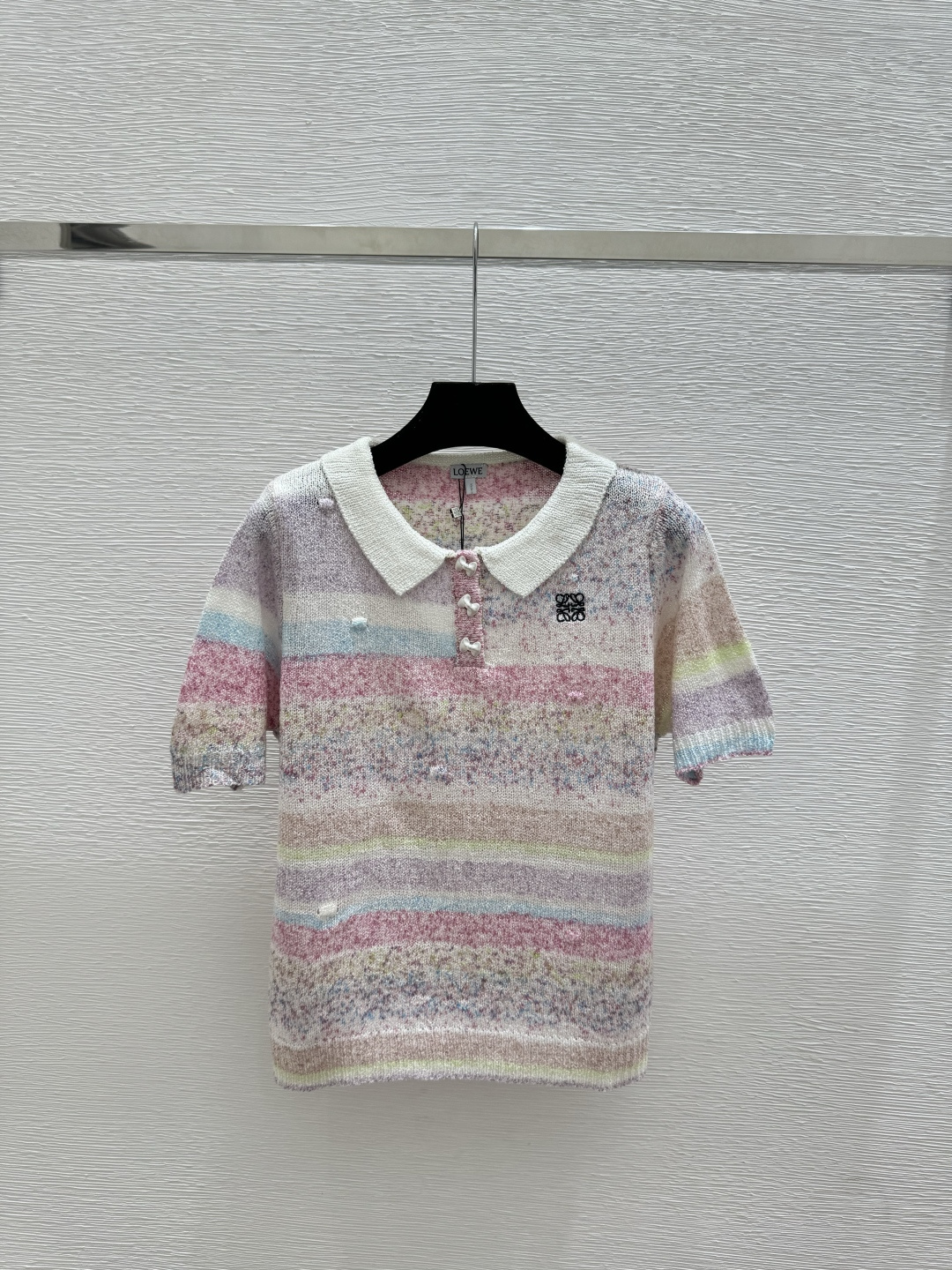 🆕LO家🆕 春夏新款 撞色条纹翻领针织短袖颜色：粉色尺码：36.38.40