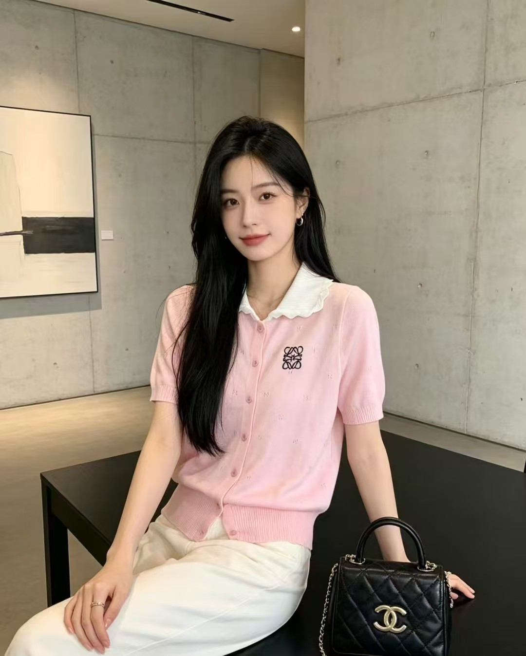 🆕LO家🆕 春夏新款 撞色翻领针织短袖开衫颜色：白色 粉色尺码：36.38.40