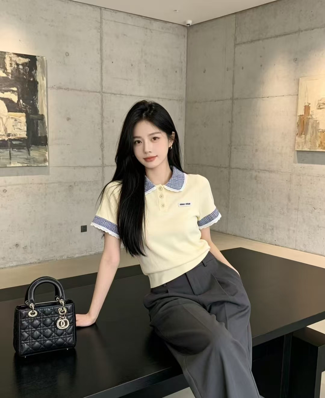 🆕M家🆕 春夏新款 撞色翻领花边针织短袖颜色：黄色 宝蓝尺码：36.38.40