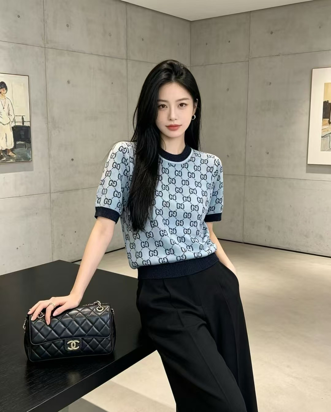 🆕G家🆕 春夏新款 撞色老花字母圆领针织短袖颜色：红色 蓝色尺码：36.38.40