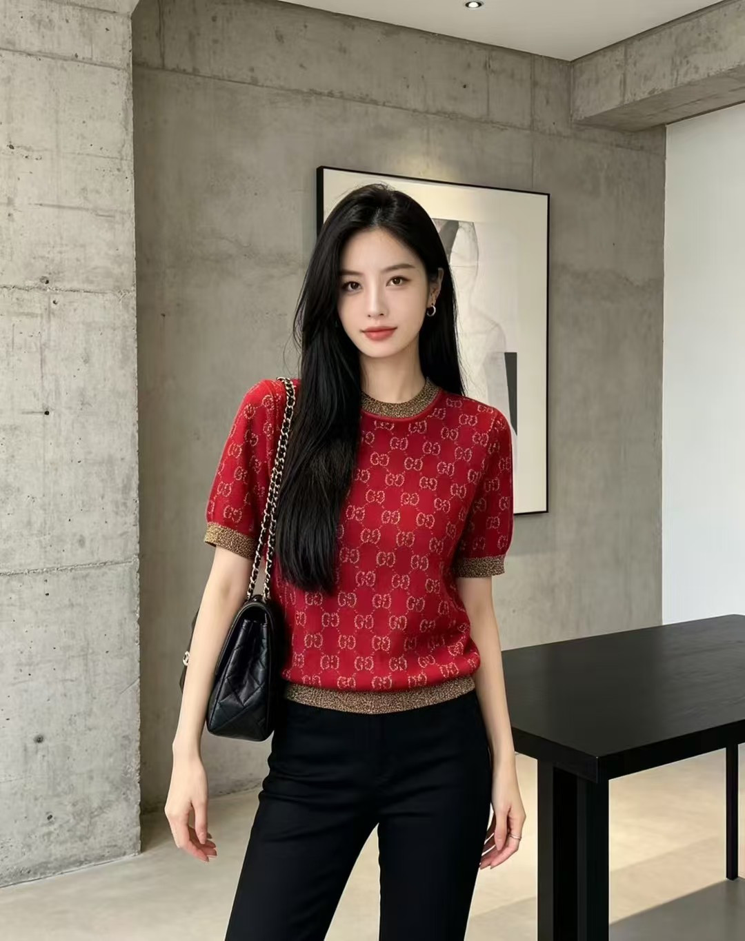 🆕G家🆕 春夏新款 撞色老花字母圆领针织短袖颜色：红色 蓝色尺码：36.38.40