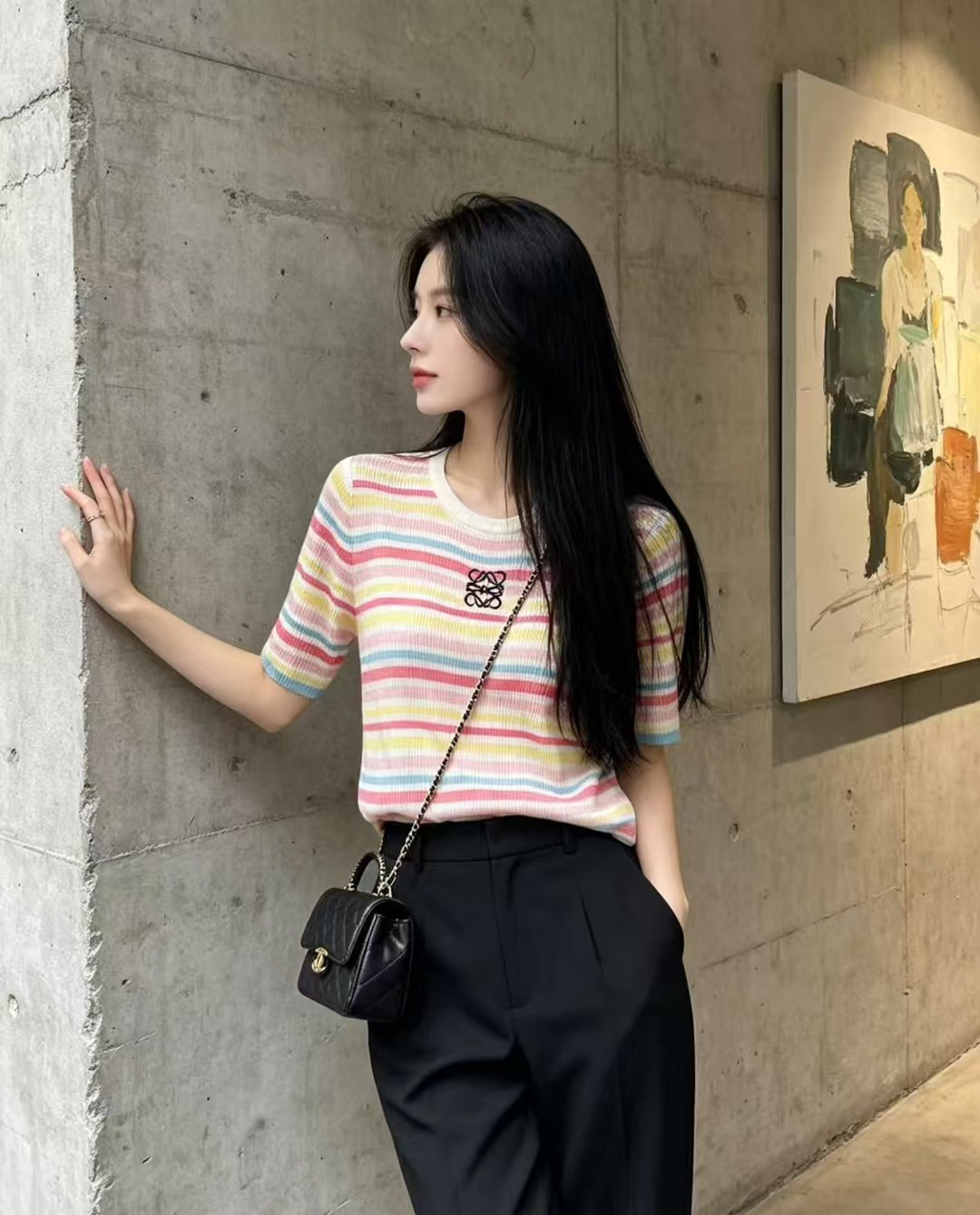 🆕LO家🆕 春夏新款 撞色条纹圆领针织短袖颜色：粉色 紫色尺码：36.38.40