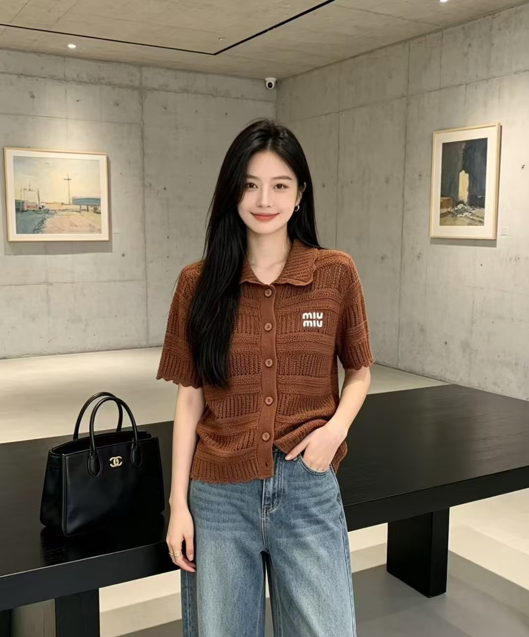 🆕M家🆕 春夏新款 纯色翻领镂空针织短袖开衫颜色：白色 咖啡尺码：36.38.40