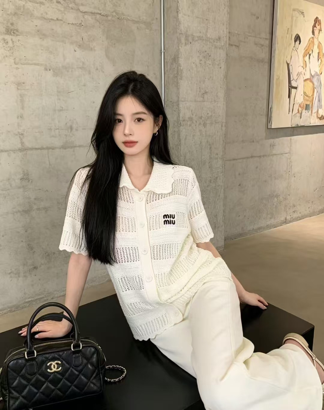 🆕M家🆕 春夏新款 纯色翻领镂空针织短袖开衫颜色：白色 咖啡尺码：36.38.40