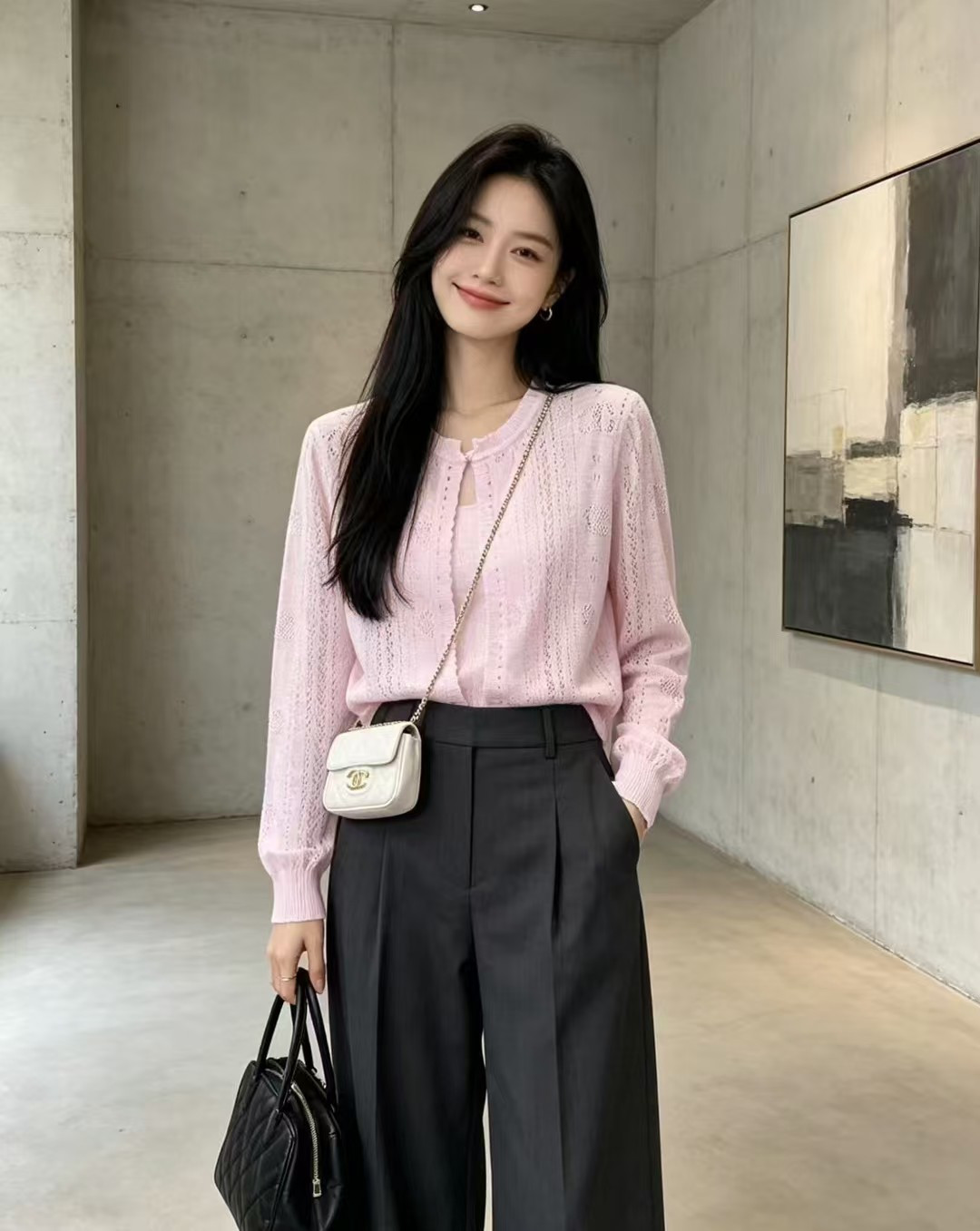 🆕CH家🆕 春夏新款 纯色简约镂空针织长袖开衫颜色：白色 粉色 黄色尺码：36.38.40