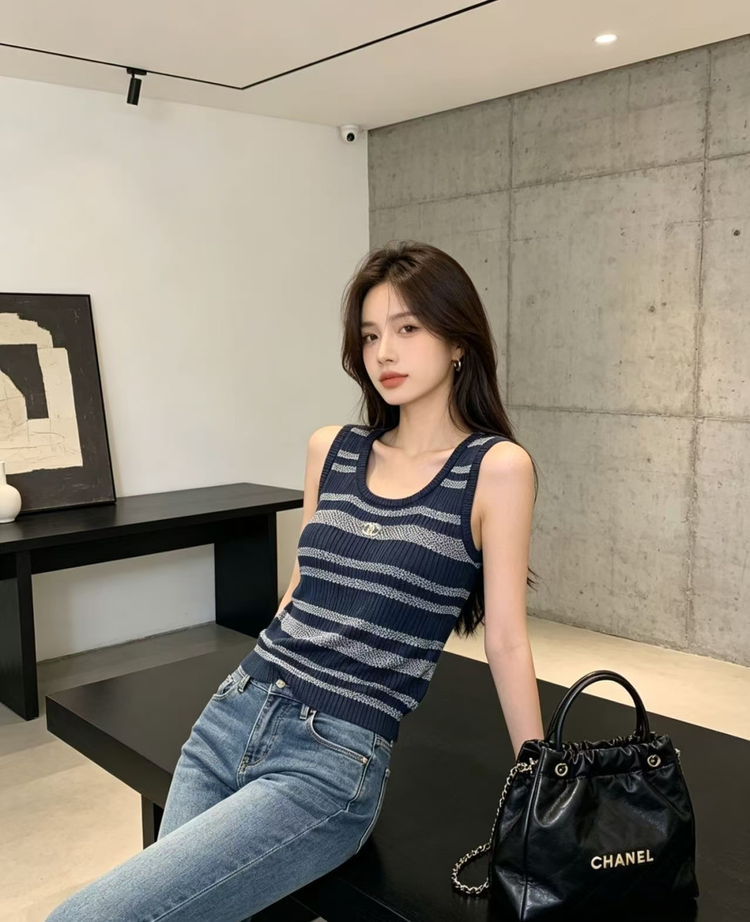 🆕CH家🆕 春夏新款 撞色条纹圆领针织背心颜色：白色 宝蓝尺码：36.38.40