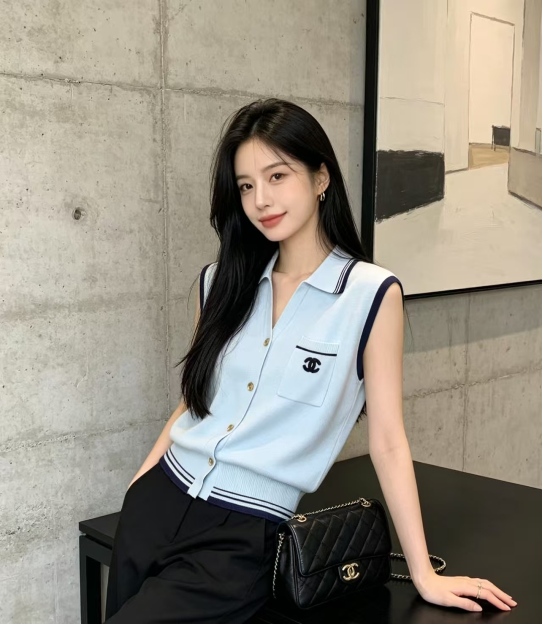 🆕CH家🆕 春夏新款 撞色翻领针织背心开衫颜色：白色 蓝色尺码：36.38.40
