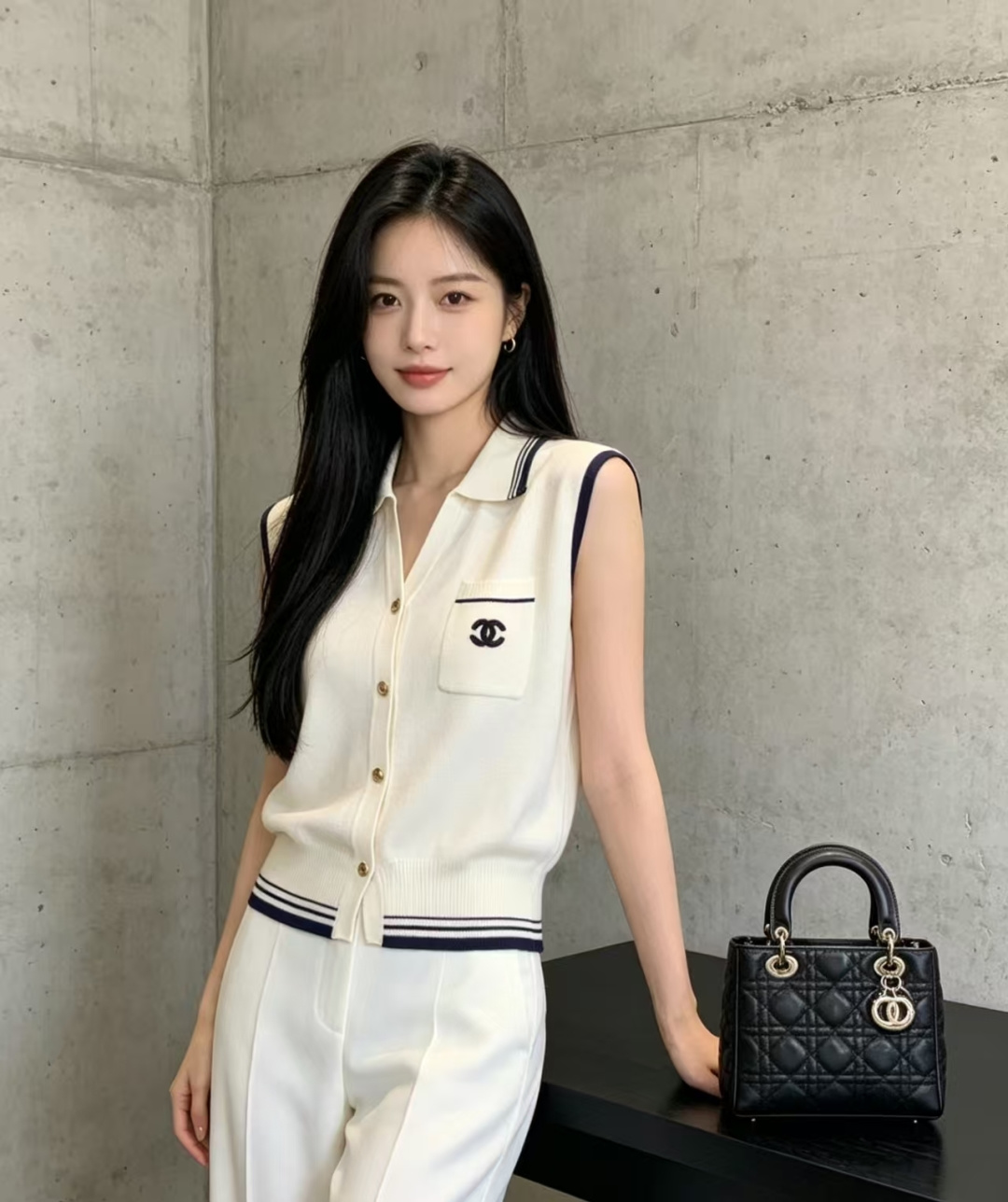 🆕CH家🆕 春夏新款 撞色翻领针织背心开衫颜色：白色 蓝色尺码：36.38.40