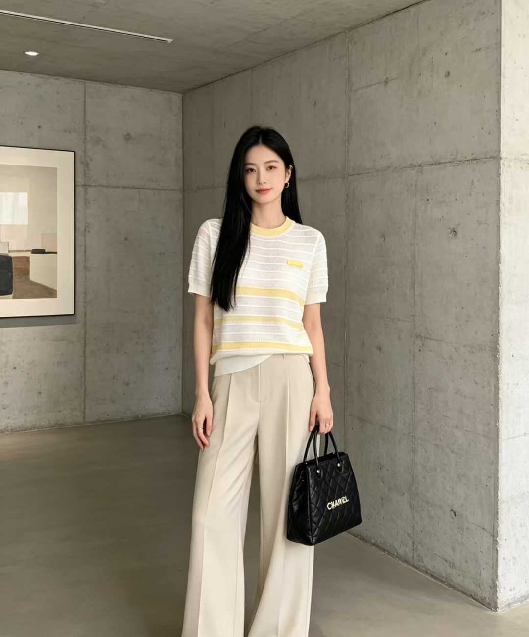 🆕M家🆕 春夏新款 撞色条纹镂空圆领针织短袖颜色：黄色 黑色尺码：36.38.40