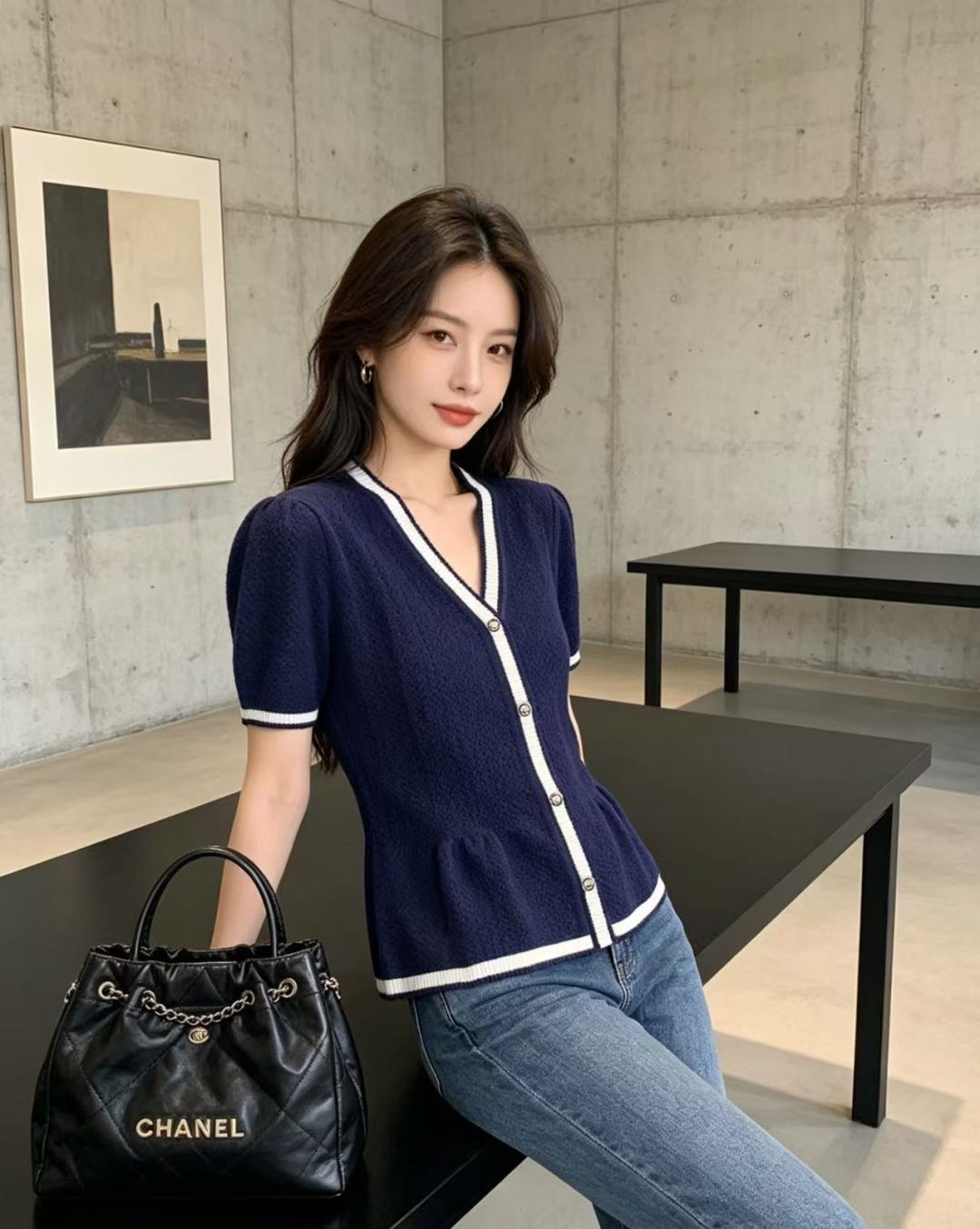 🆕CH家🆕 春夏新款 撞色简约V领针织短袖开衫颜色：宝蓝尺码：36.38.40